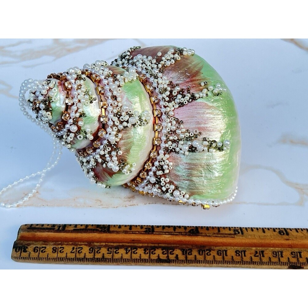 Large Jeweled Seashell Christmas Ornaments Pearl Beaded Rhinestone Coastal Pair - Picture 16 of 16